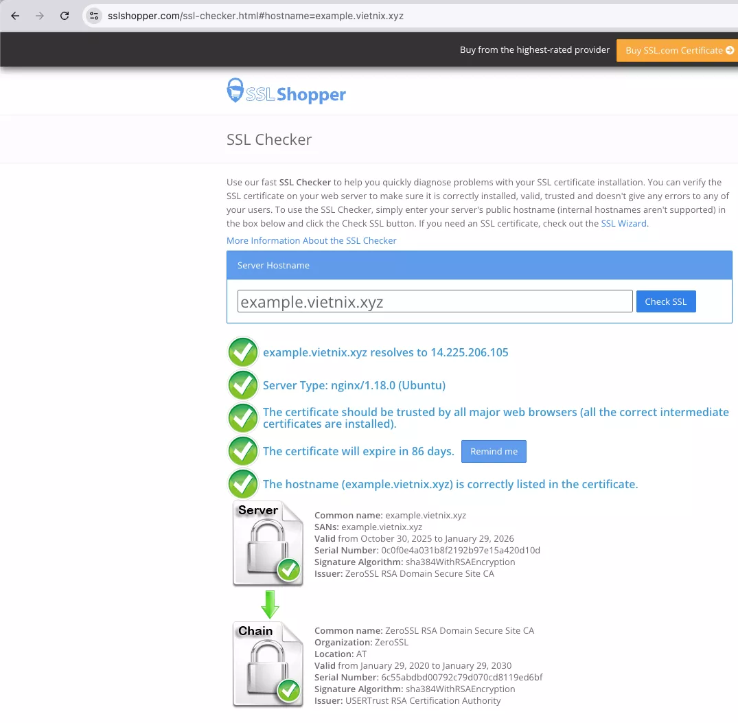 Cài đặt thành công Zero SSL trên Nginx