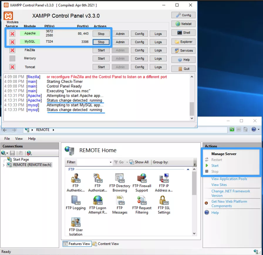 Kết quả start Apache thành công  