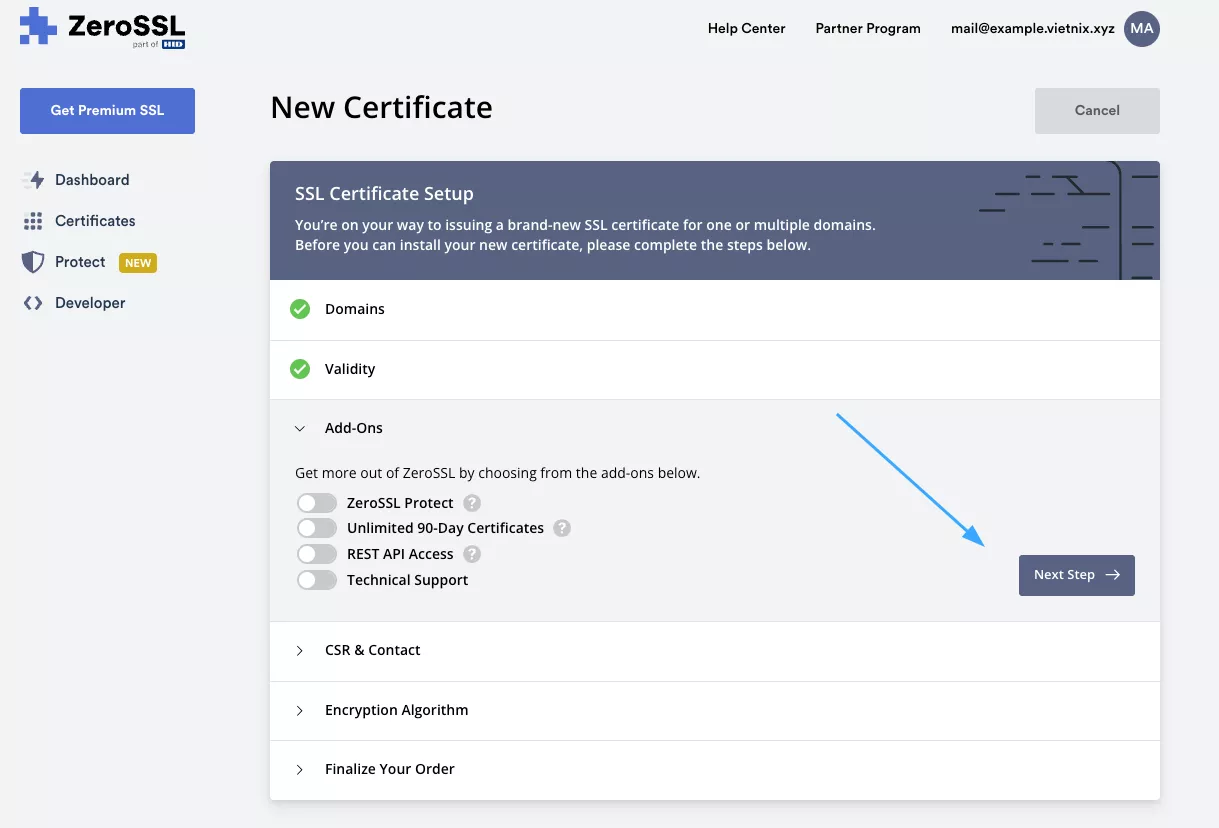 Nhấn chọn Next Step