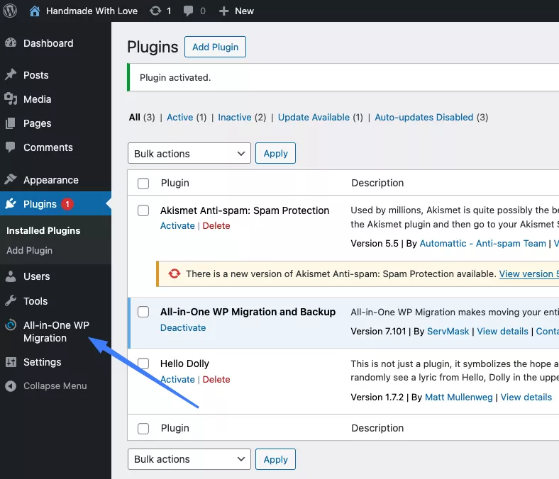 All-in-One WP Migration xuất hiện trong menu bên trái 