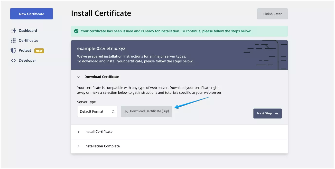 Nhấn nút Download Certificate (.zip)