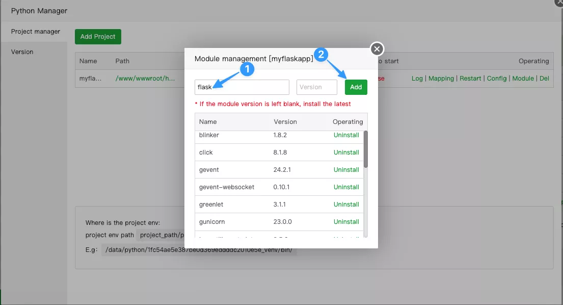 Gõ flask và nhấp nút Add 