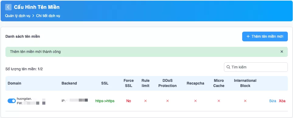 Thêm tên miền mới thành công
