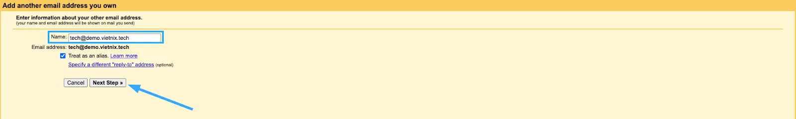 Nhập tên và chọn bước tiếp theo 
