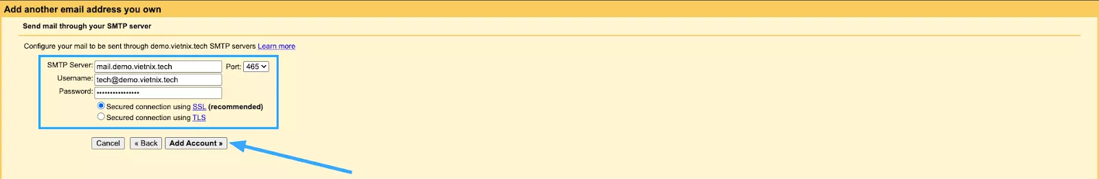 Điền các thông tin quan trọng và chọn thêm tài khoản 
