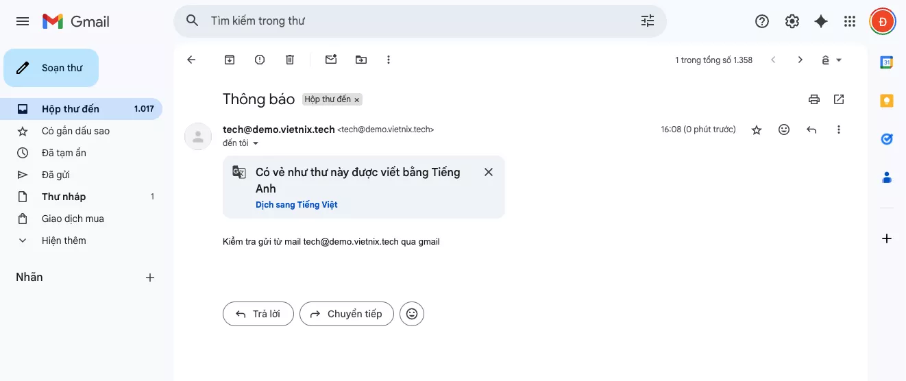 Kiểm tra hộp thư của gmail đã test 
