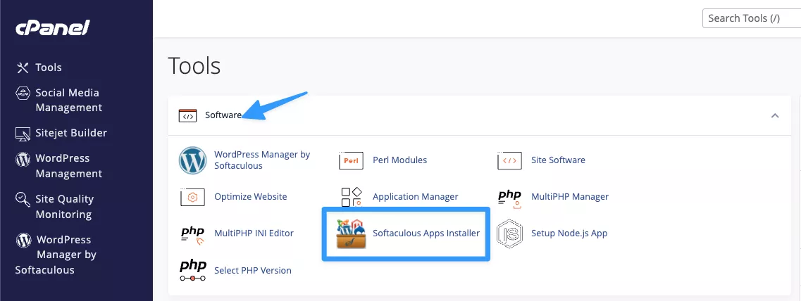 Vị trí của Softaculous Apps Installer trong giao diện cPanel  