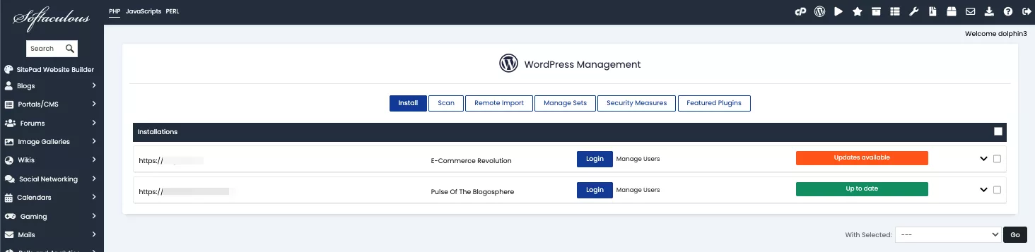 Trang Installations liệt kê tất cả WordPress  