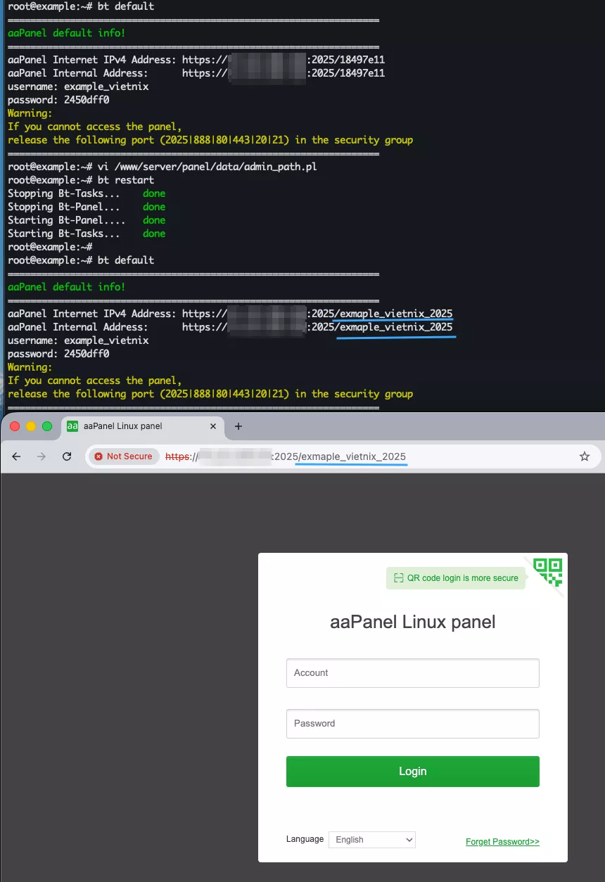Truy cập trang quản trị aaPanel với Security Entrance mới