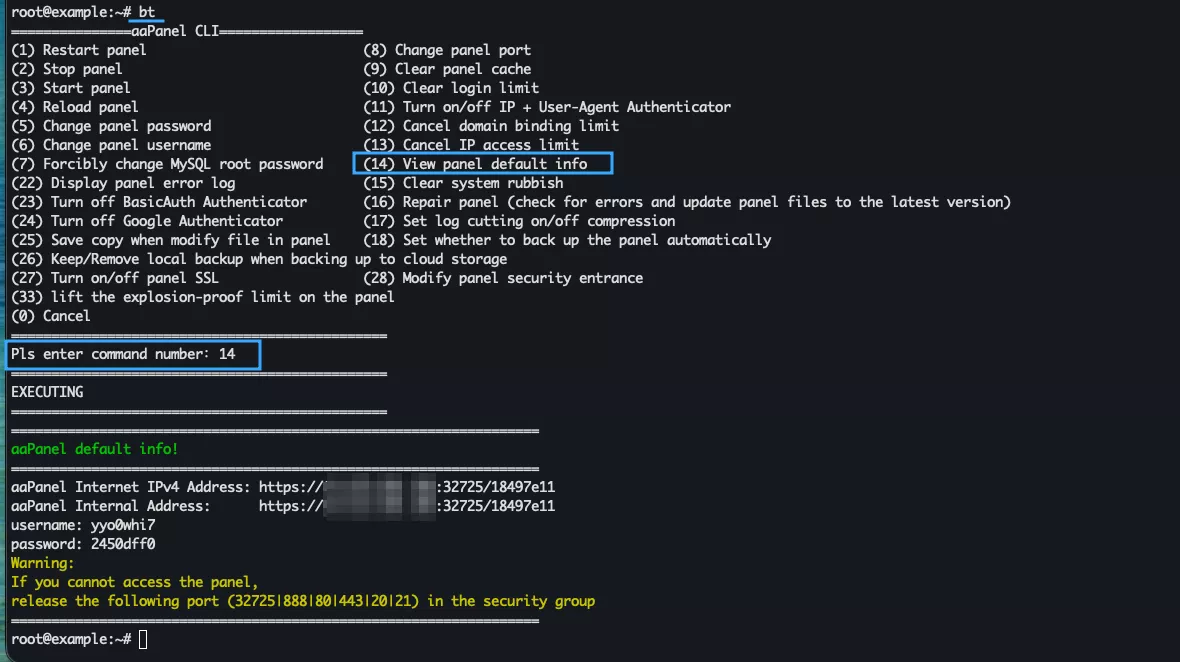 Xem lại thông tin mặc định aaPanel từ menu