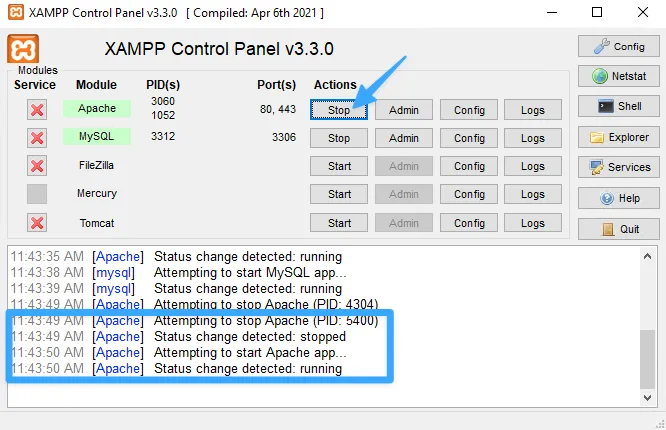 Khởi động lại Apache