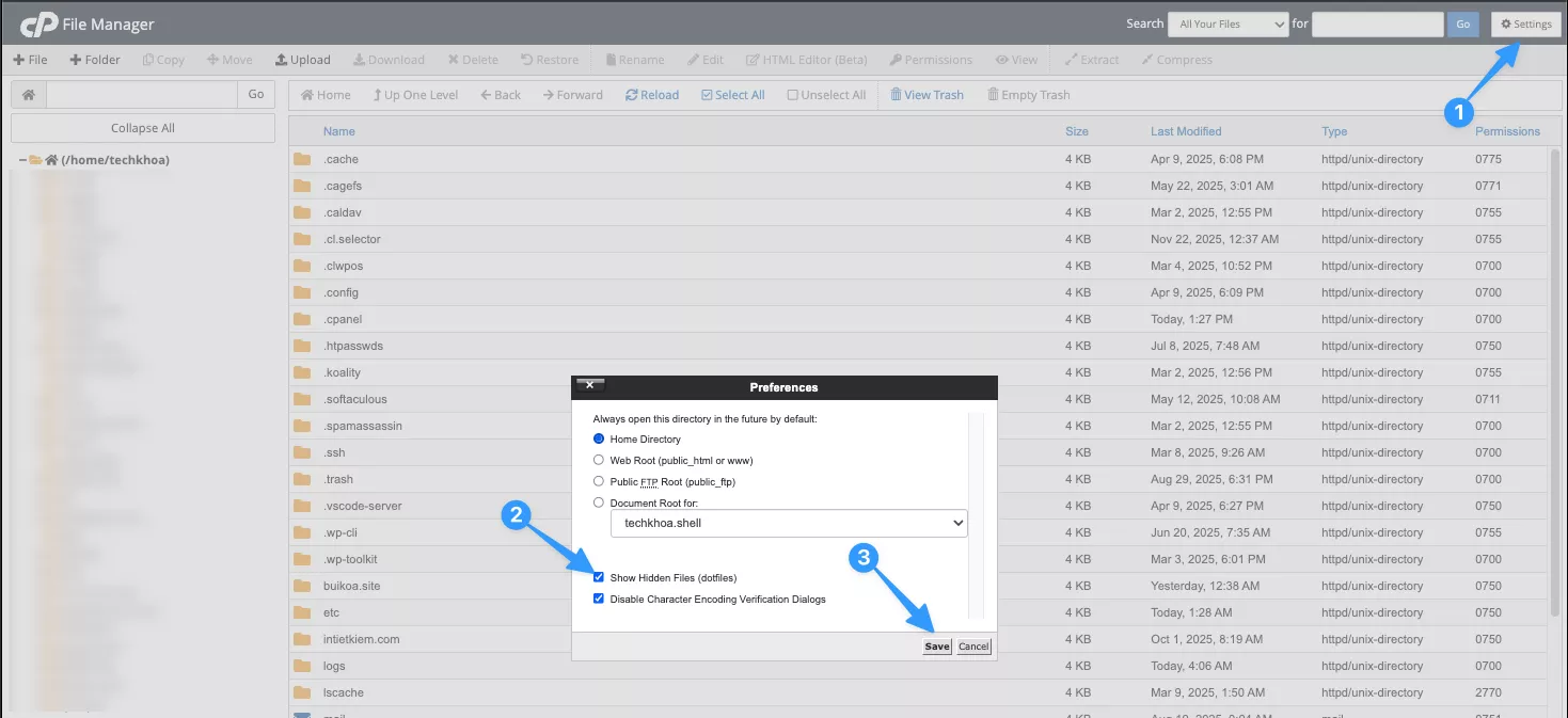 Bấm vào Settings ở góc phải trên rồi chọn Document Root for (tên miền cần kiểm tra)