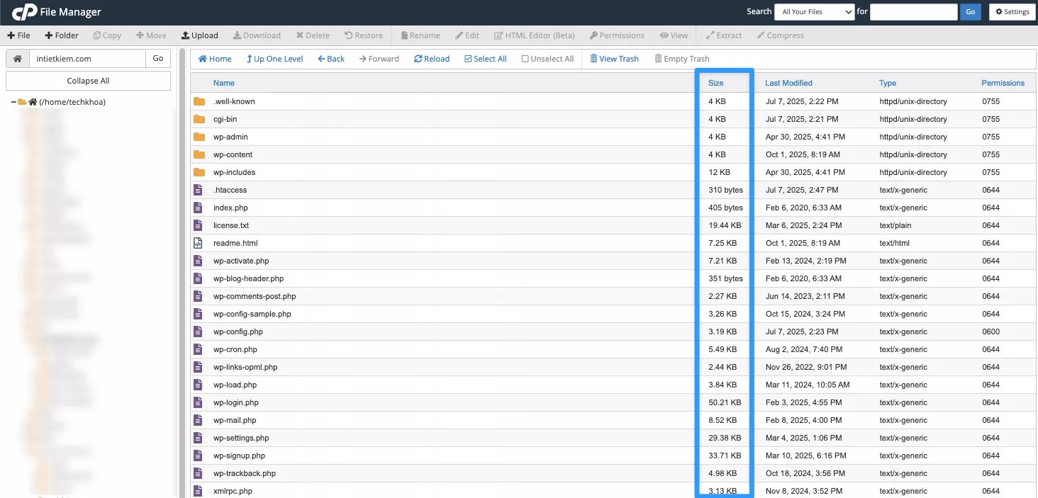 Chi tiết dung lượng của các thư mục có trong thư mục gốc hosting