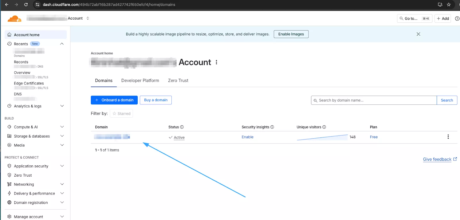 Đăng nhập Cloudflare và chọn tên miền đang gặp lỗi
