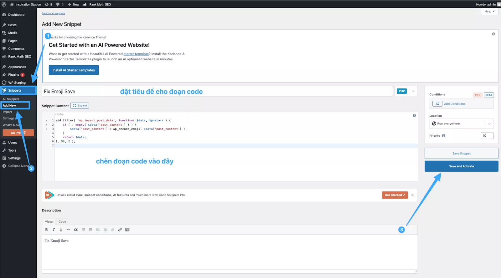Thêm code trên Snippets