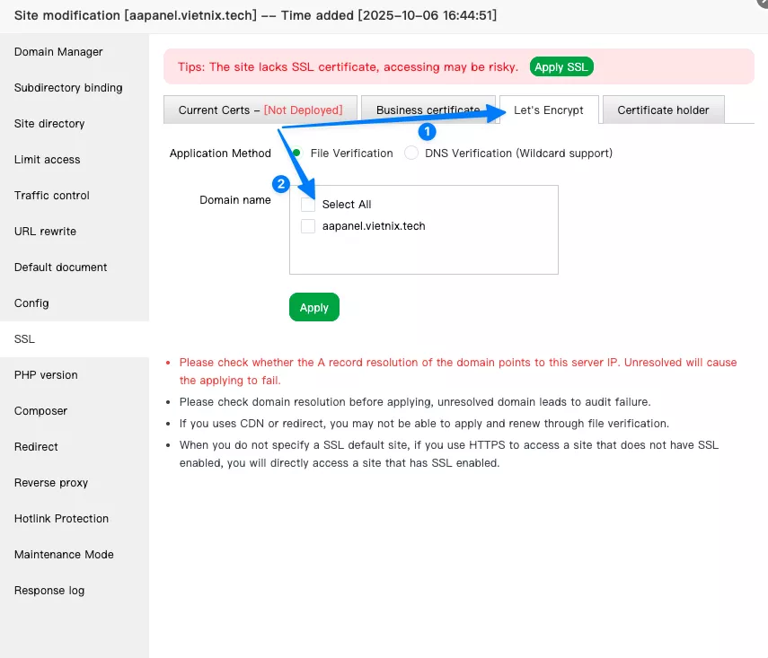 Tick tất cả tên miền cần chứng thực