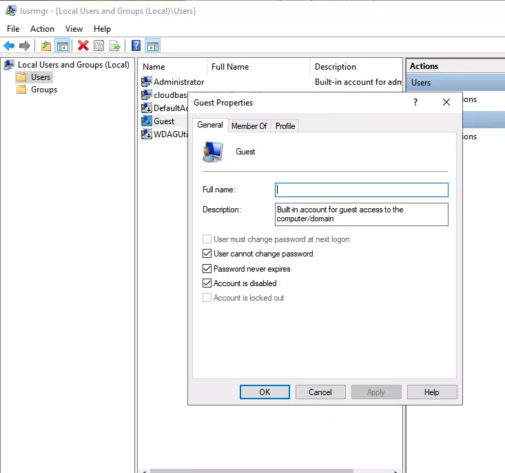 Mở khóa tài khoản từ Local Users and Groups