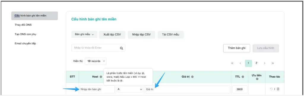 Nhập các thông tin bản ghi A