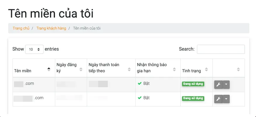 Danh sách tên miền đang quản lý
