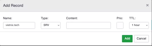 Điền thông tin SRV Record
