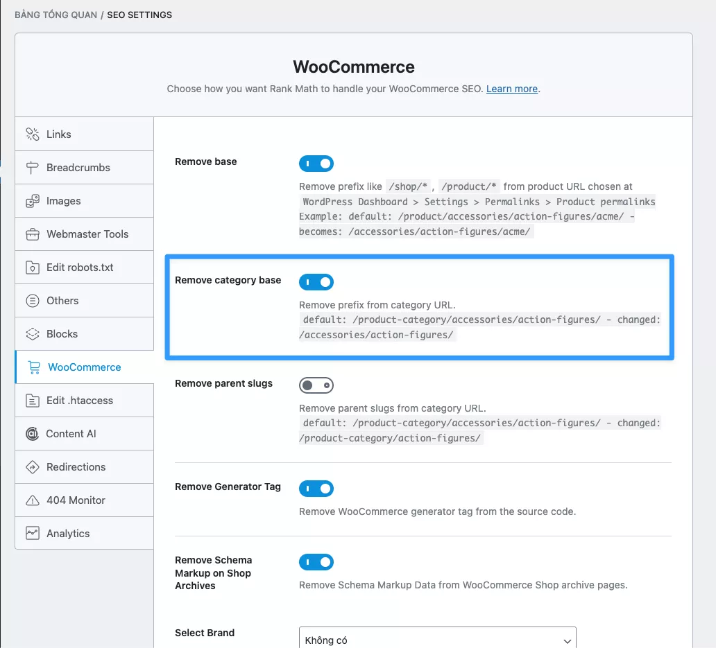 Vị trí của tùy chọn Remove Category Base với nút gạt đang ở trạng thái ON 