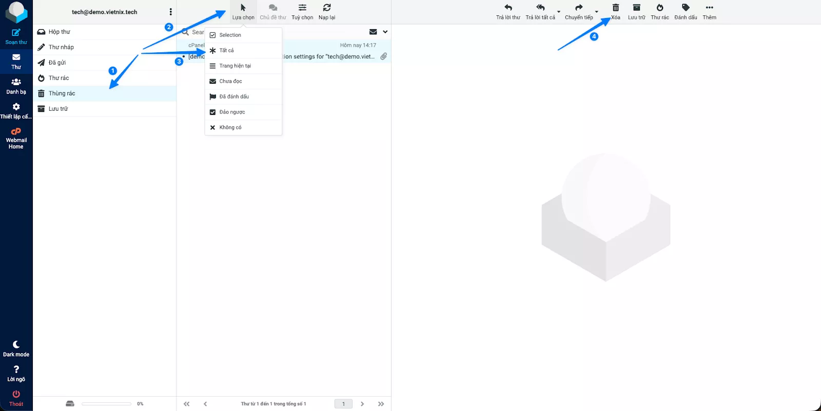Làm trống thùng rác (xóa vĩnh viễn email)