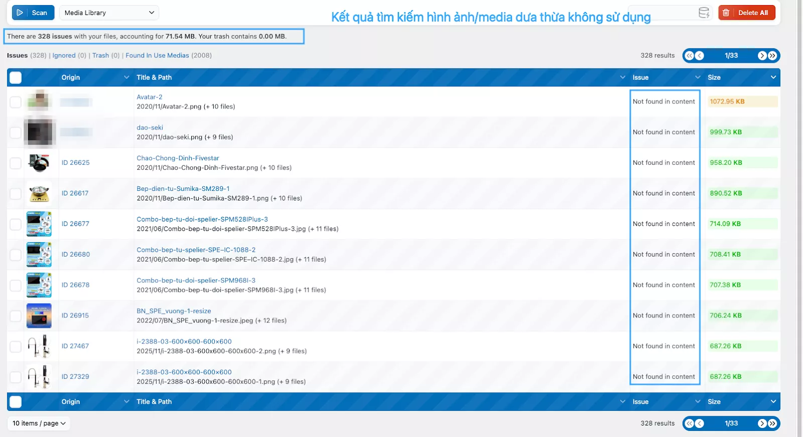Danh sách các file không sử dụng 