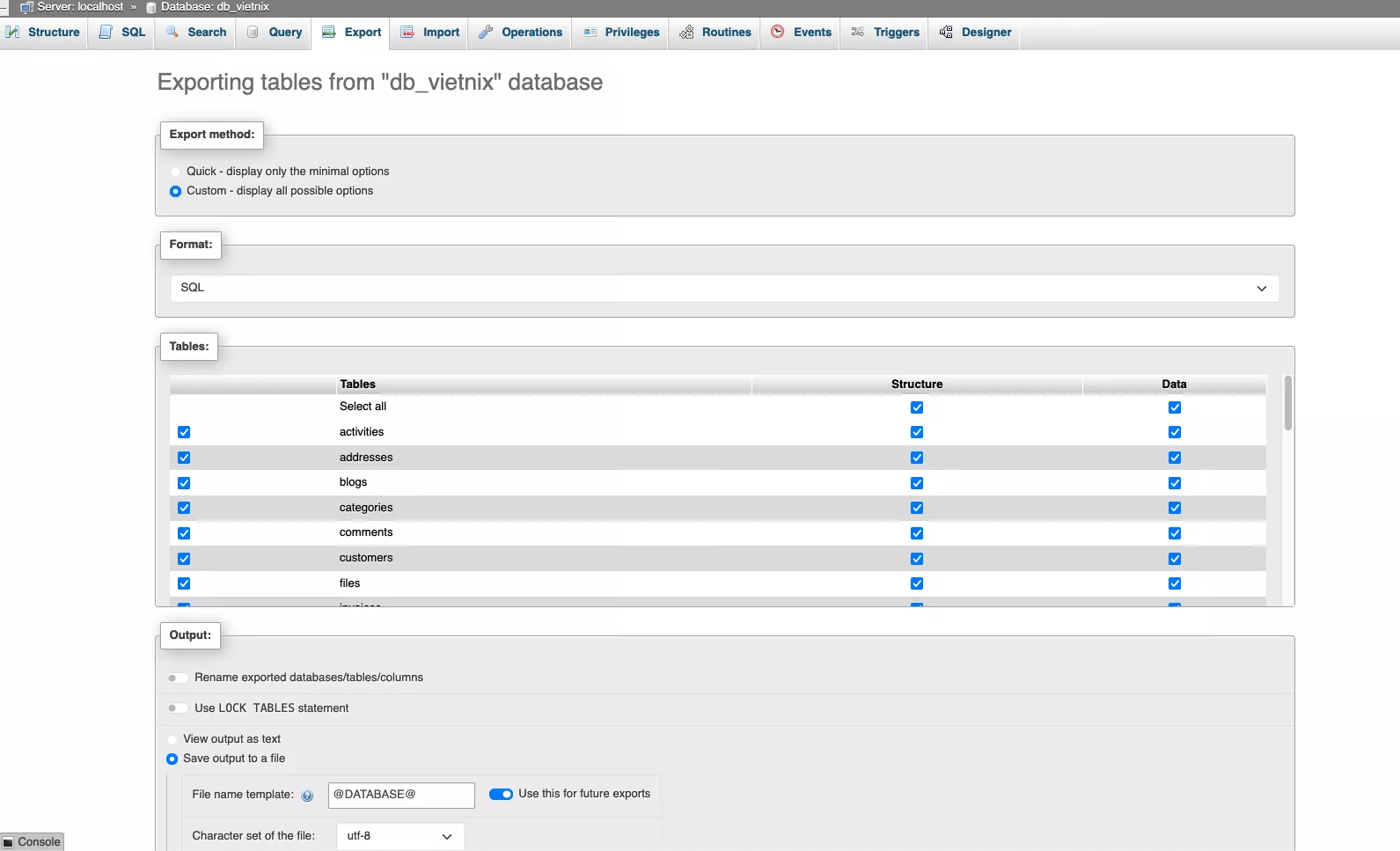 Cấu hình tab "Export"