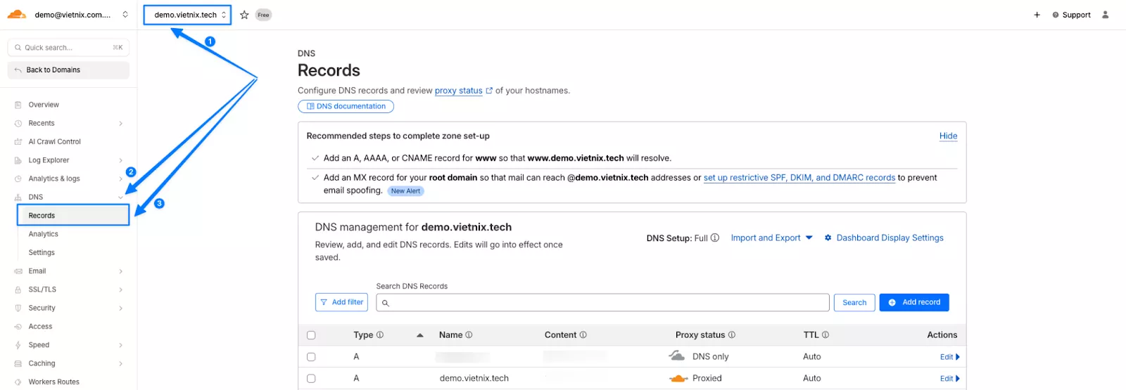 Vào mục quản lý bản ghi DNS của tên miền