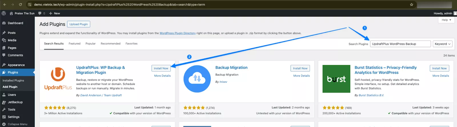 Cài đặt plugin UpdraftPlus 
