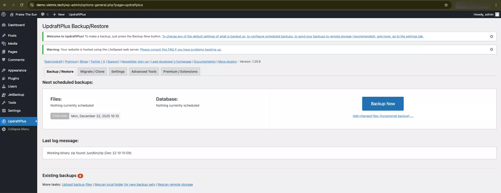 Truy cập giao diện quản lý UpdraftPlus 