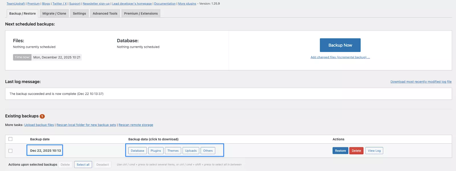 Thông tin bản backup 