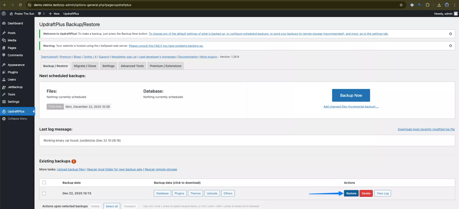 Chọn bản backup cần khôi phục 