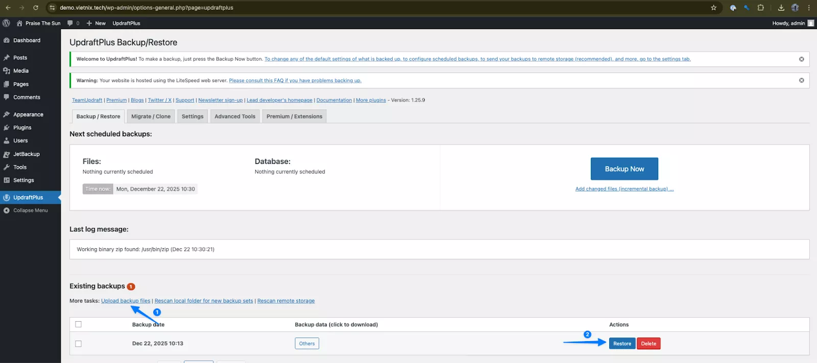 Upload lại file backup nếu đã xóa khỏi hosting 