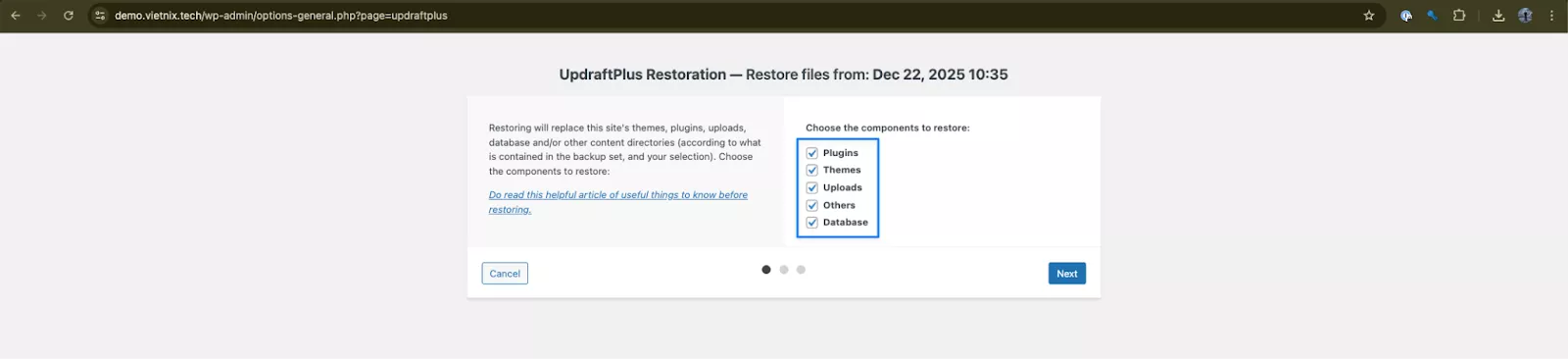Chọn thành phần cần khôi phục 