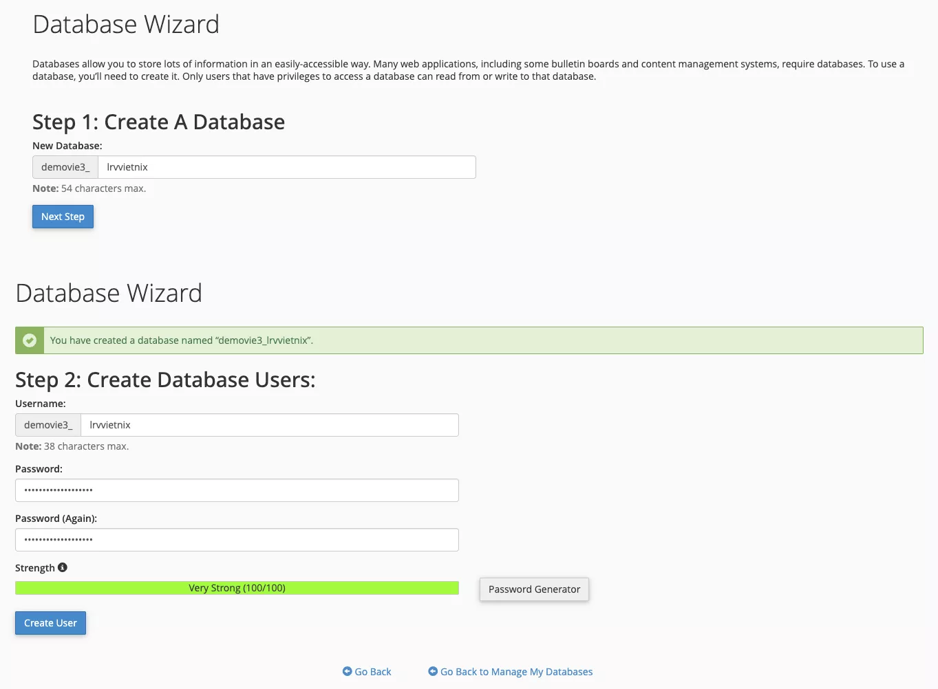 Tạo database mới và user database 