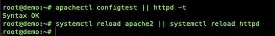 Kiểm tra cú pháp cấu hình và tải lại Apache  