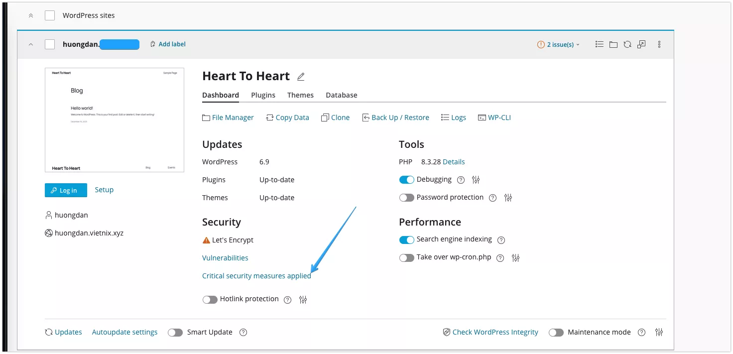 Bấm chọn Critical security measures applied