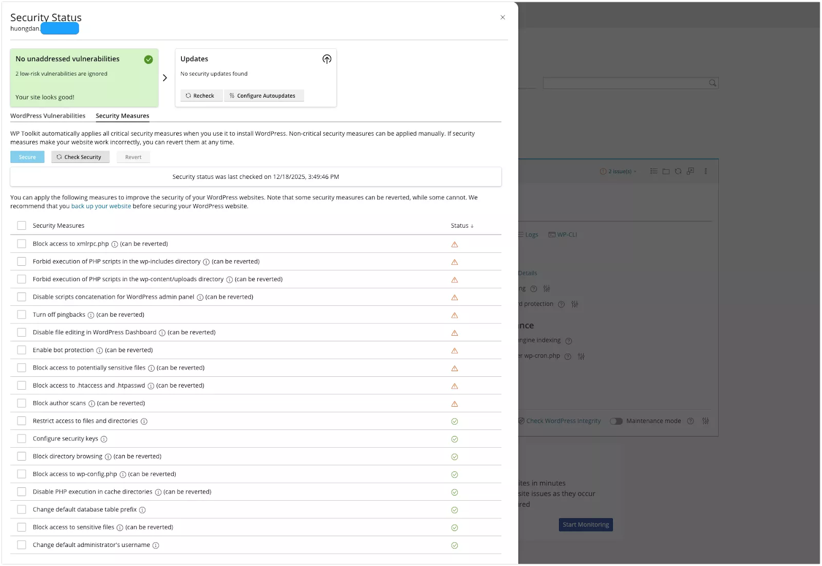 Security để xem các khuyến nghị bảo mật