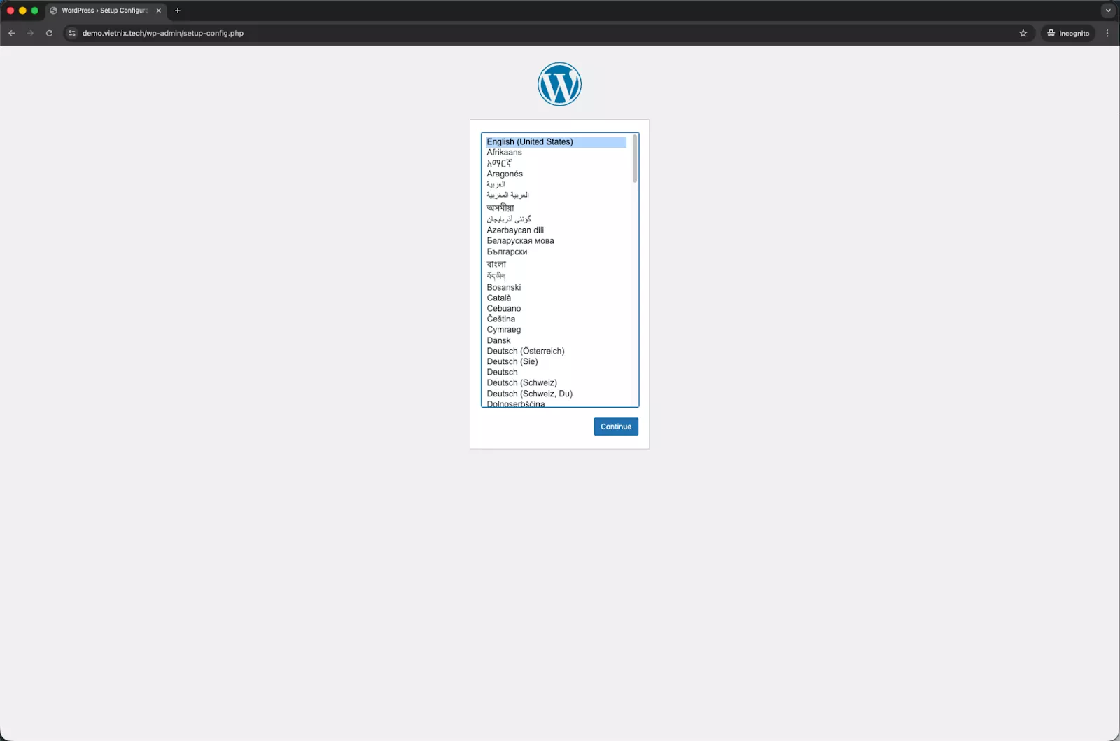 Giao diện cài đặt ban đầu của WordPress  