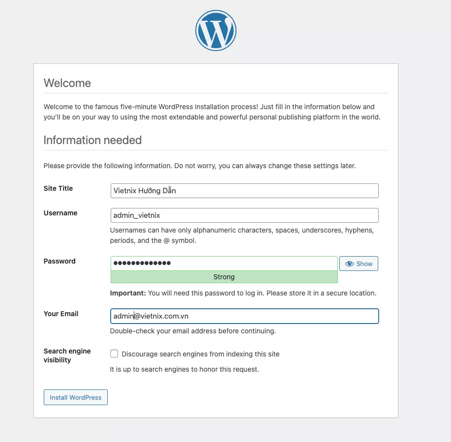 Điền thông tin quản trị  