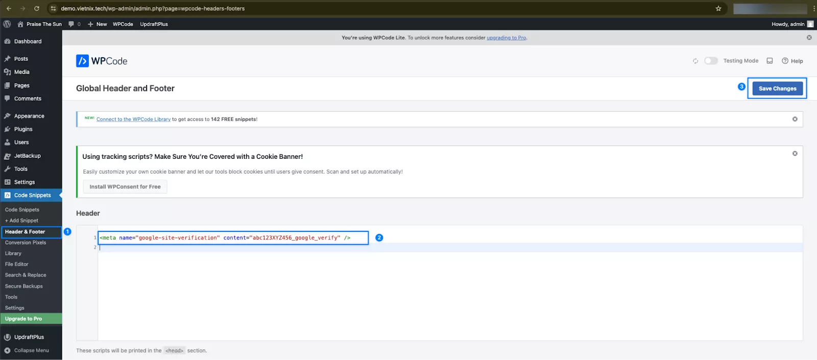 Dán thẻ meta xác minh Google Search Console vào mục Header trong plugin WPCode