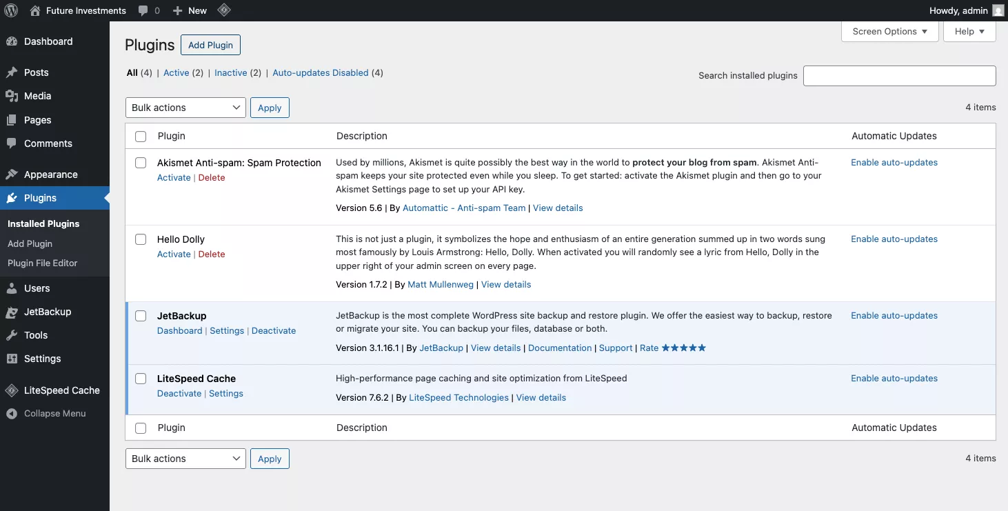 Giao diện quản lý plugin trong WordPress 