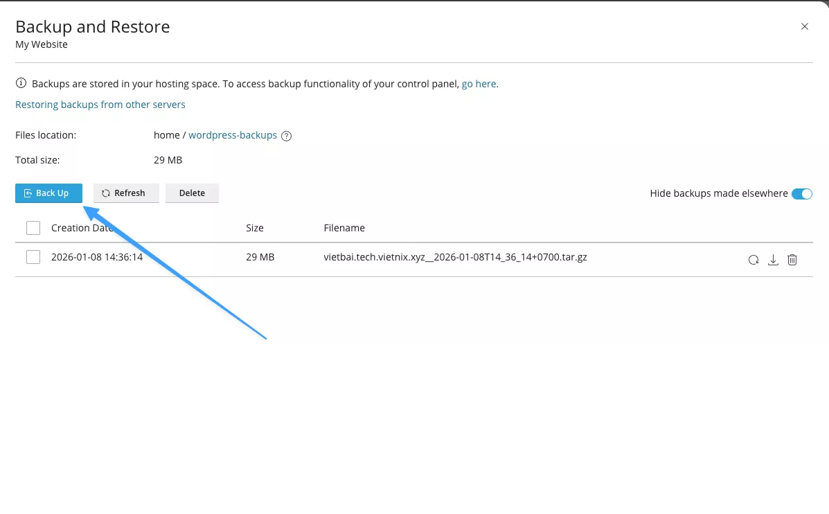 Click chọn nút Backup