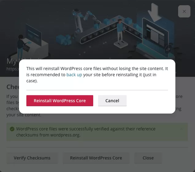 Chọn Reinstall WordPress Core khi xuất hiện thông báo đỏ