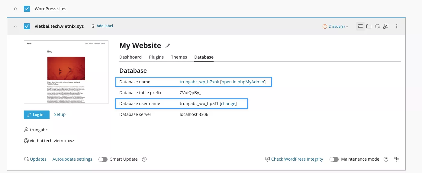 Các thông tin về database của website