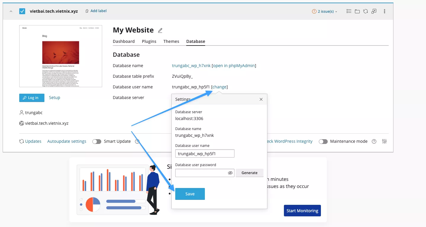 Thay đổi các thông tin đăng nhập database