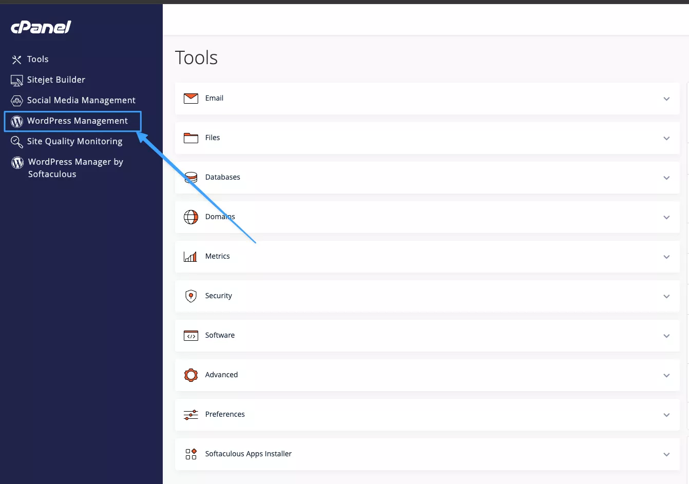 Click vào WordPress Management bên thanh công cụ bên trái của CPanel