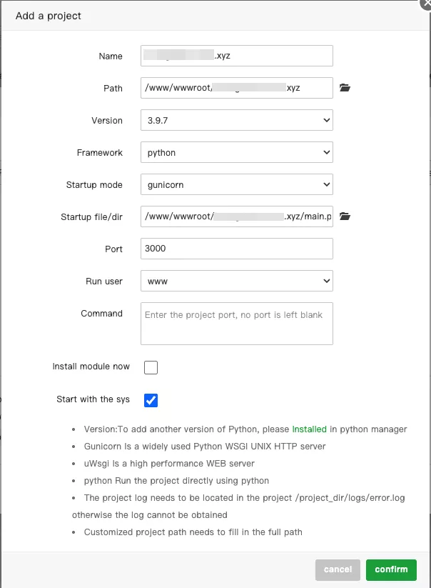 Ví dụ về tạo môi trường cho Project mới 