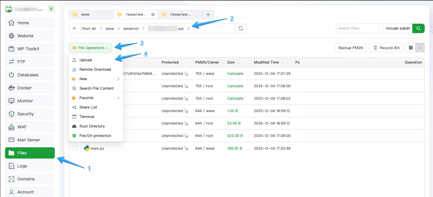 Upload file qua File Manager của aaPanel 
